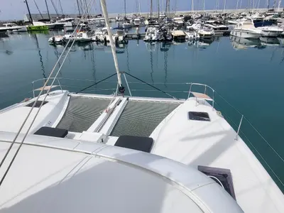 Deck of Blue Moon, a Lagoon 46 catamaran at Capo d'Orlando, Italy