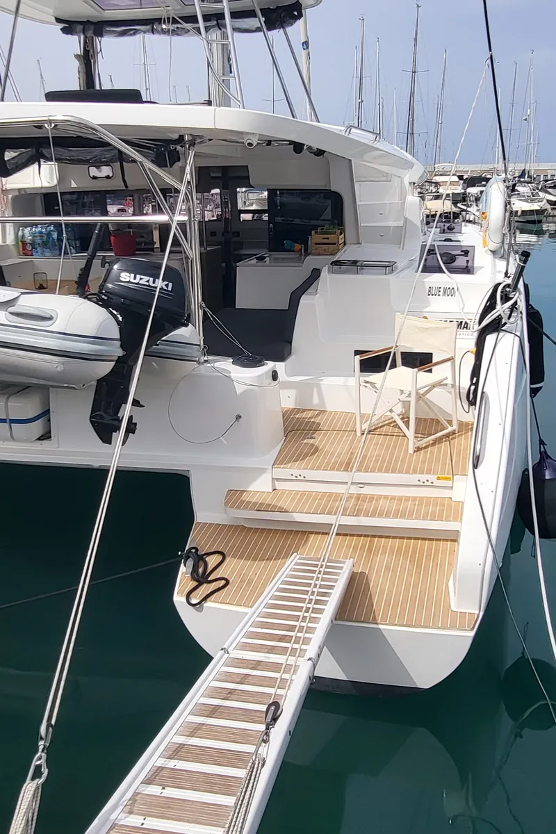 Exterior view of Blue Moon, a Lagoon 46 catamaran at Capo d'Orlando, Italy