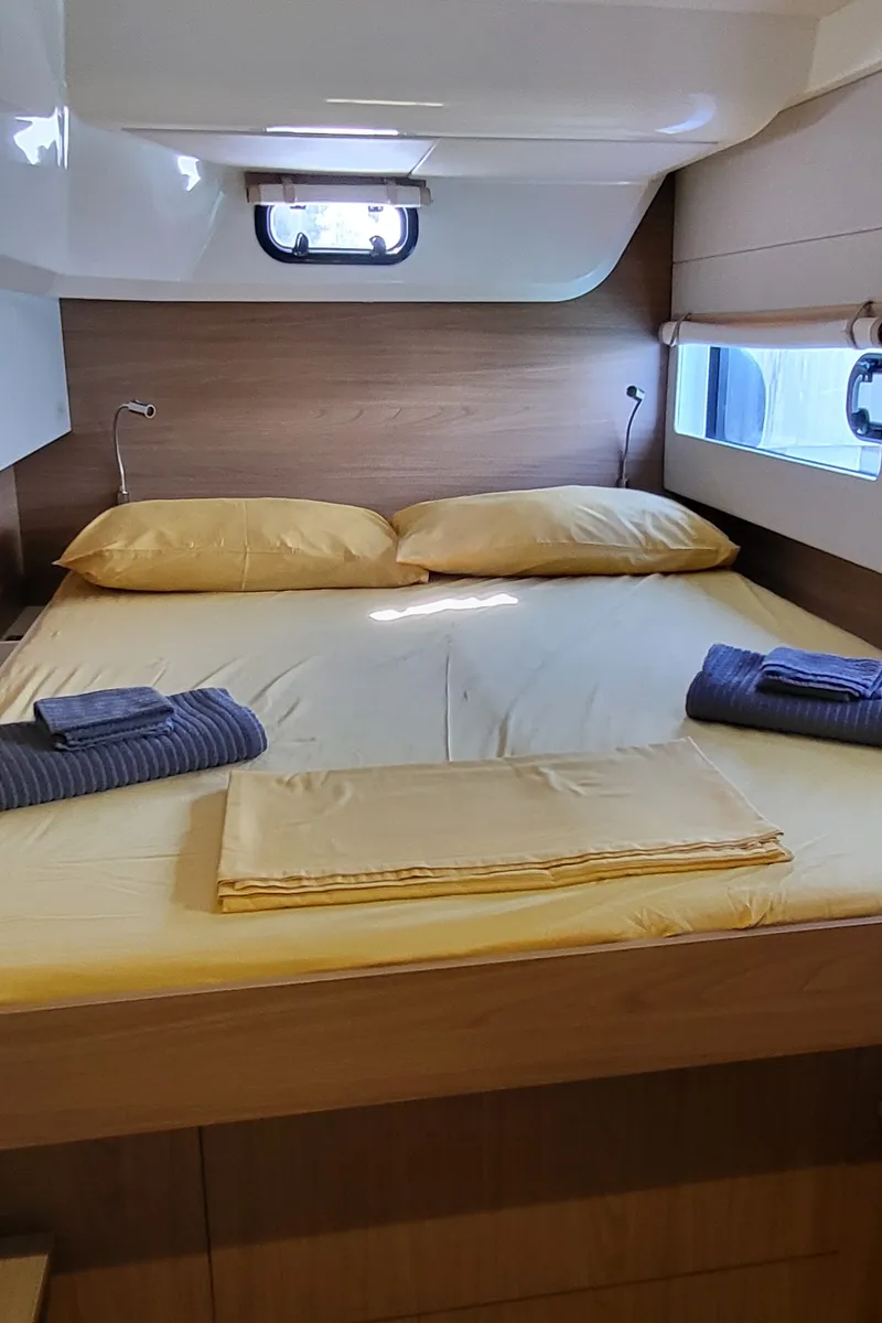 Cabin on Blue Moon, a Lagoon 46 catamaran at Capo d'Orlando, Italy