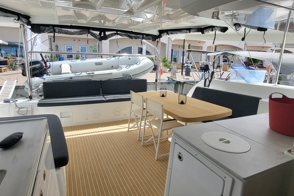 Deck of Blue Moon, a Lagoon 46 catamaran at Capo d'Orlando, Italy