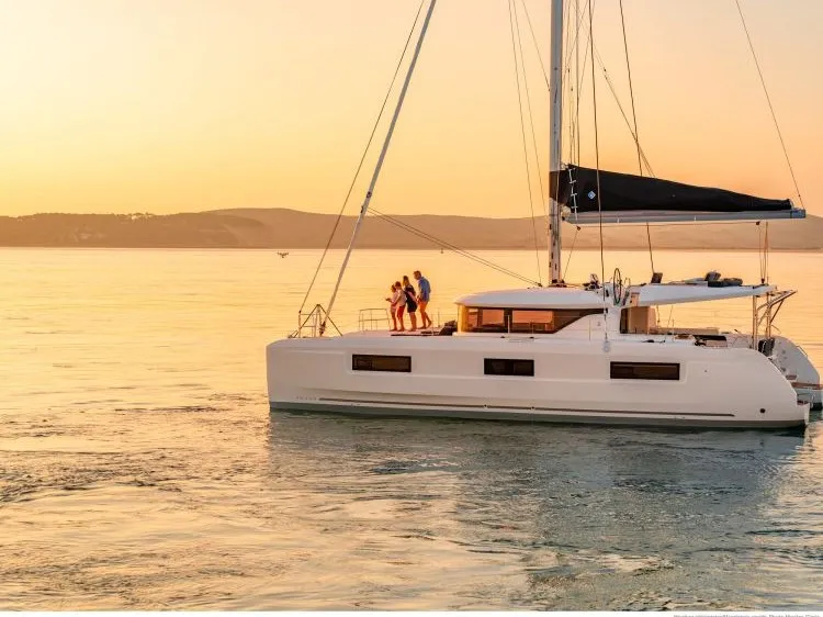 Exterior view of Blue Moon, a Lagoon 46 catamaran at Capo d'Orlando, Italy