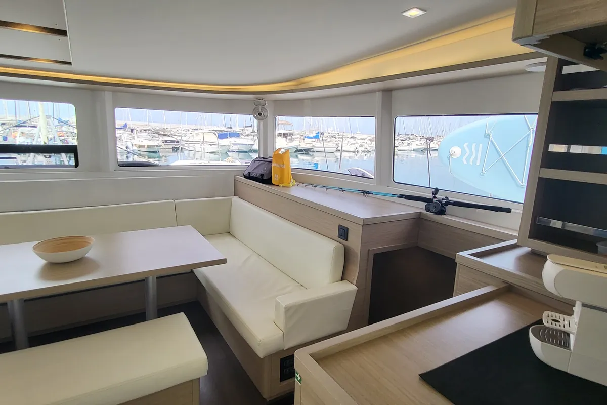 Salon of Blue Moon, a Lagoon 46 catamaran at Capo d'Orlando, Italy
