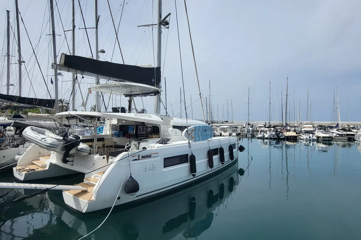 Exterior view of Blue Moon, a Lagoon 46 catamaran at Capo d'Orlando, Italy