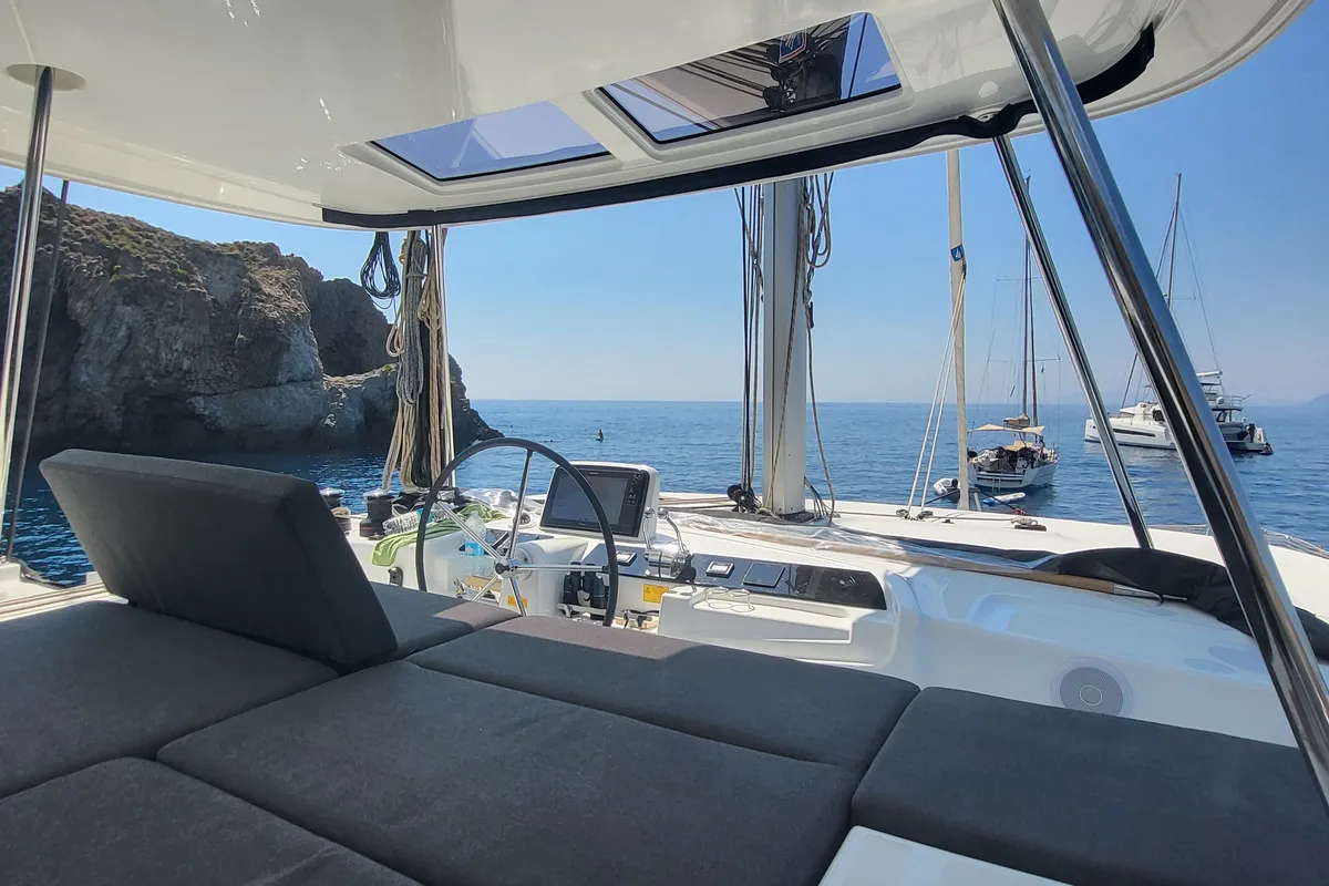Cockpit of Blue Moon, a Lagoon 46 catamaran at Capo d'Orlando, Italy