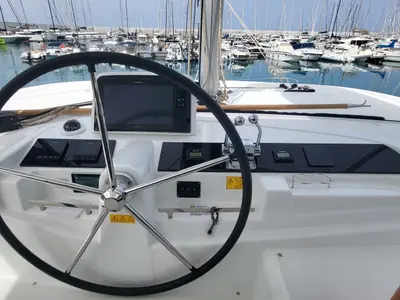 Cockpit of Blue Moon, a Lagoon 46 catamaran at Capo d'Orlando, Italy