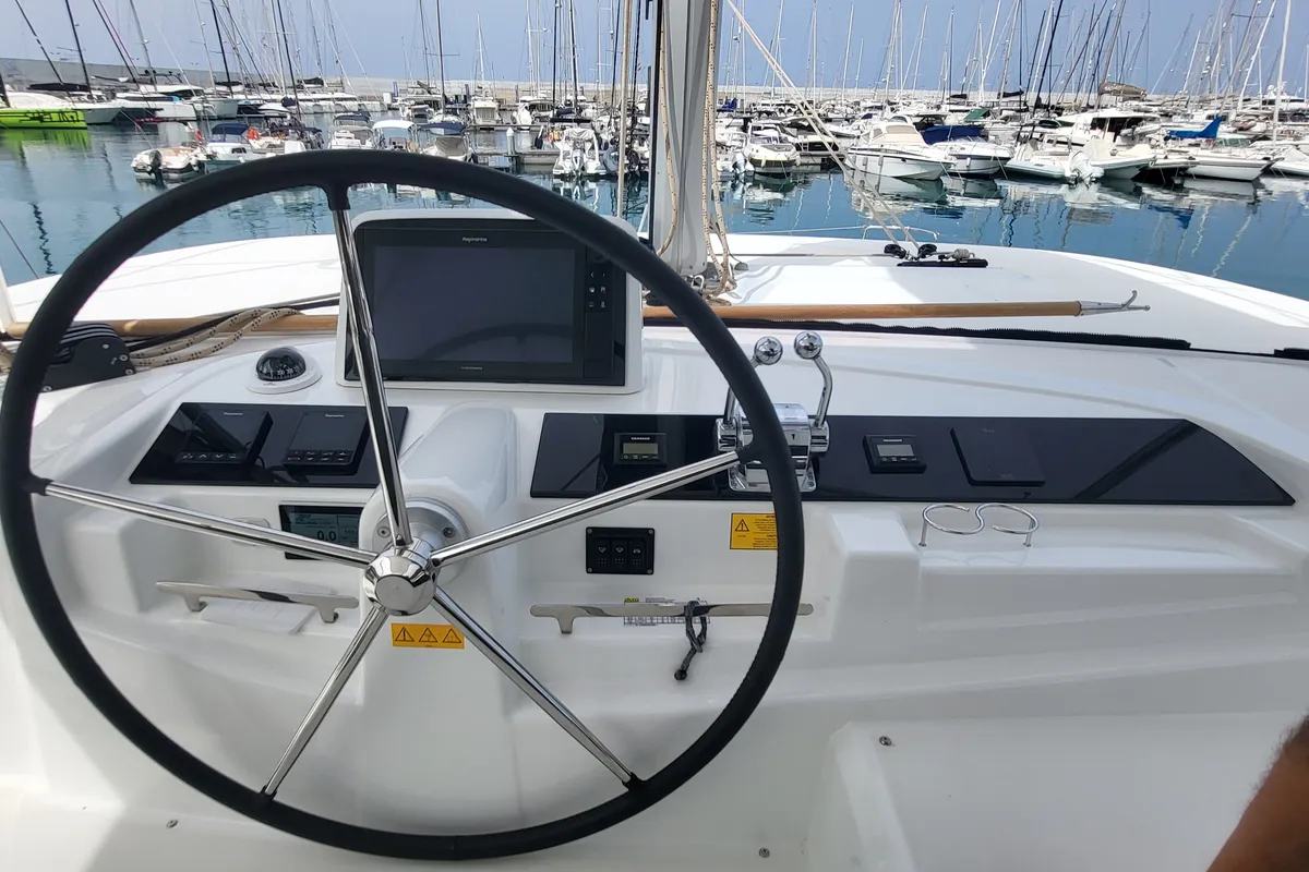 Cockpit of Blue Moon, a Lagoon 46 catamaran at Capo d'Orlando, Italy