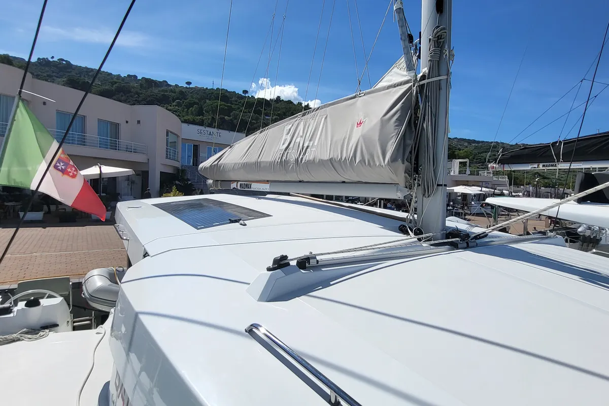 Deck of Blue Moon, a Lagoon 46 catamaran at Capo d'Orlando, Italy