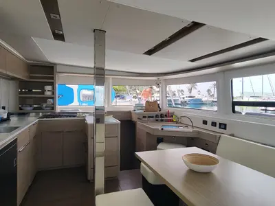 Salon of Blue Moon, a Lagoon 46 catamaran at Capo d'Orlando, Italy