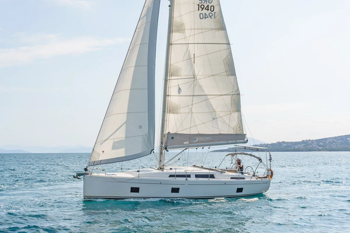 Exterior view of Azur, a Hanse 418 sailboat at Lavreotiki Municipal Unit, Greece