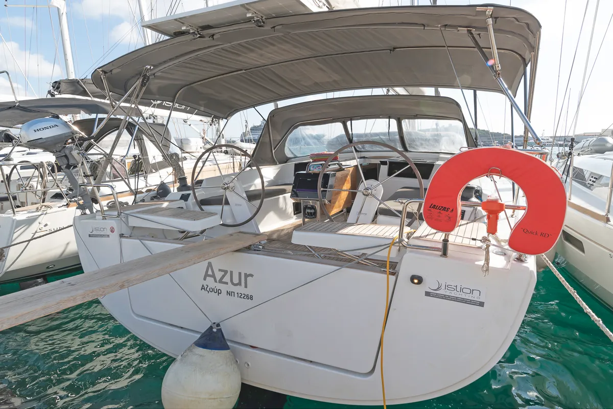 Deck of Azur, a Hanse 418 sailboat at Lavreotiki Municipal Unit, Greece