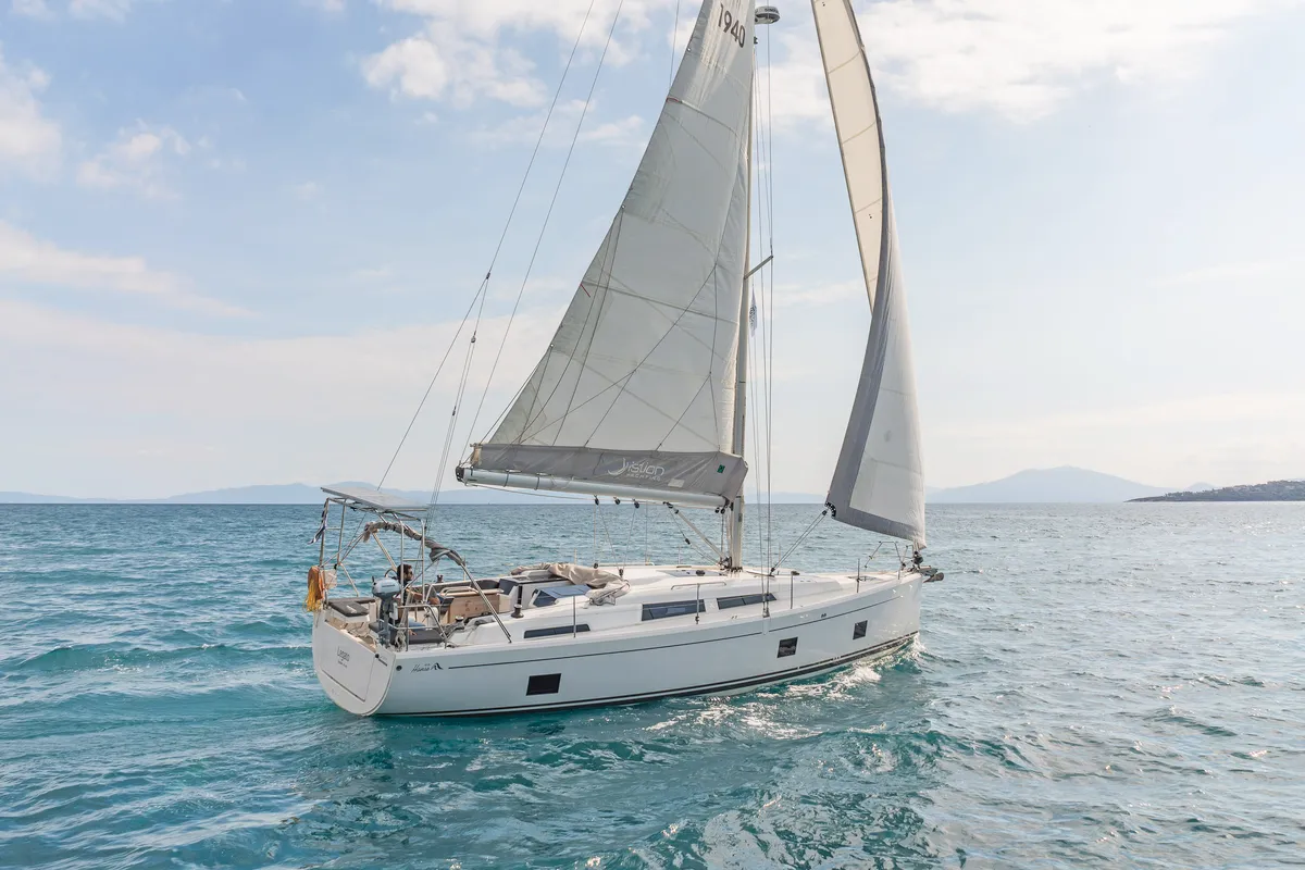 Exterior view of Azur, a Hanse 418 sailboat at Lavreotiki Municipal Unit, Greece