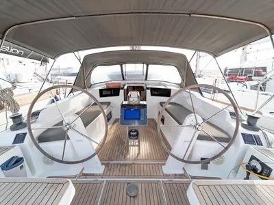 Cockpit of Azur, a Hanse 418 sailboat at Lavreotiki Municipal Unit, Greece