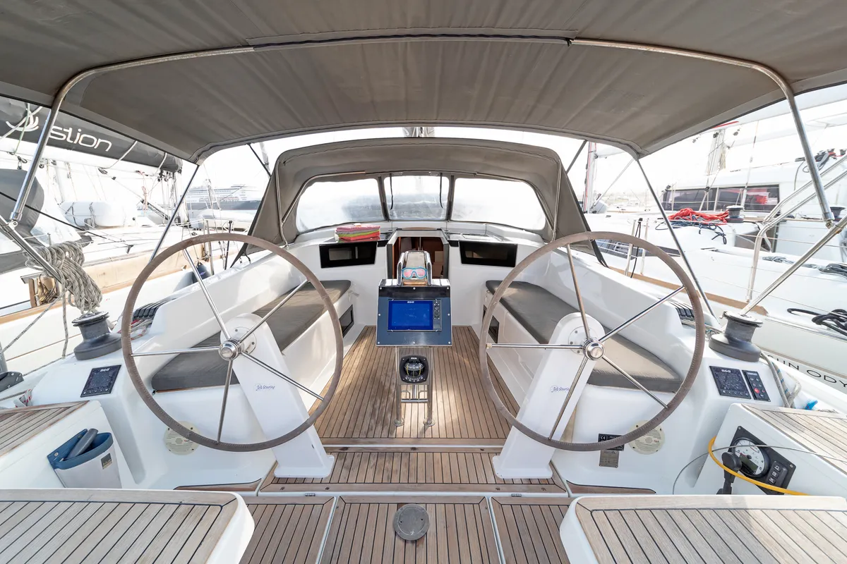 Cockpit of Azur, a Hanse 418 sailboat at Lavreotiki Municipal Unit, Greece