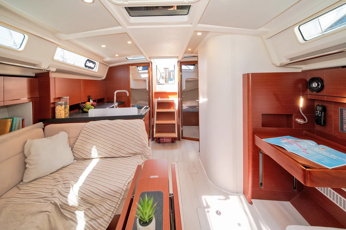 Salon of Azur, a Hanse 418 sailboat at Lavreotiki Municipal Unit, Greece
