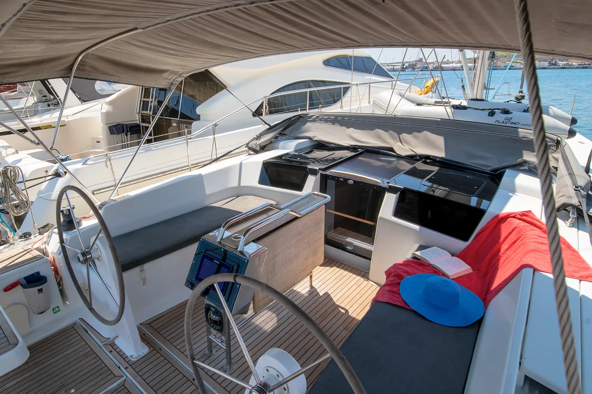 Exterior view of Azur, a Hanse 418 sailboat at Lavreotiki Municipal Unit, Greece