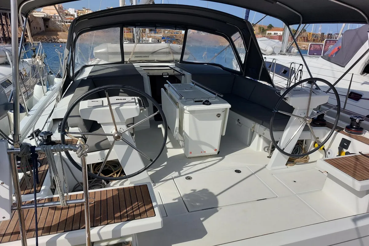 Cockpit of Kalmi, a Beneteau Oceanis 46.1 sailboat at Lavreotiki Municipal Unit, Greece