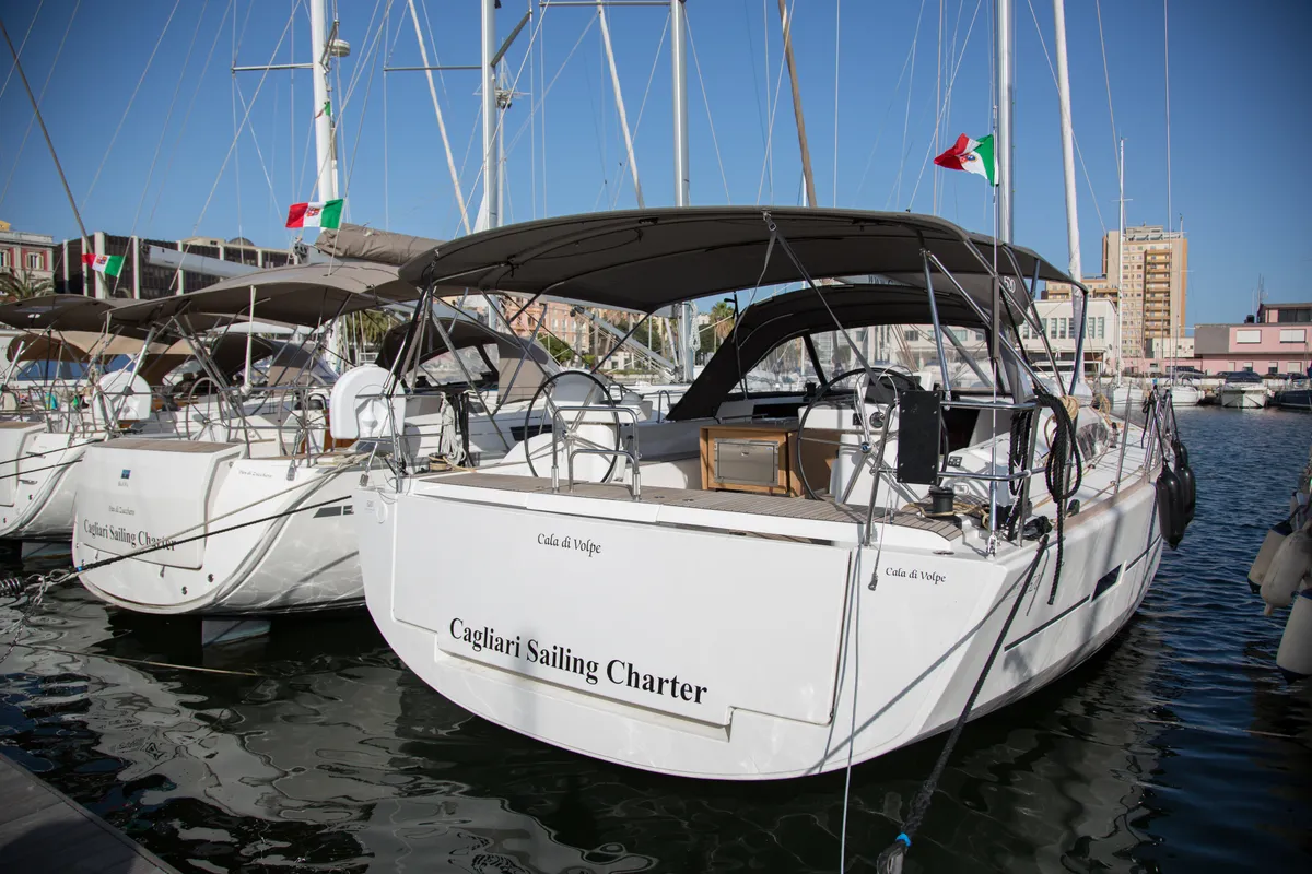 Exterior view of Cala di Volpe, a Dufour 520 Grand Large sailboat at Cagliari, Italy
