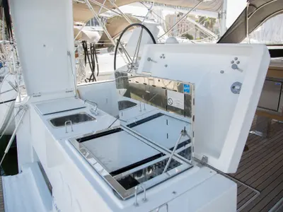 Deck of Cala di Volpe, a Dufour 520 Grand Large sailboat at Cagliari, Italy