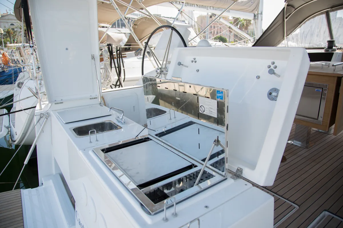 Deck of Cala di Volpe, a Dufour 520 Grand Large sailboat at Cagliari, Italy