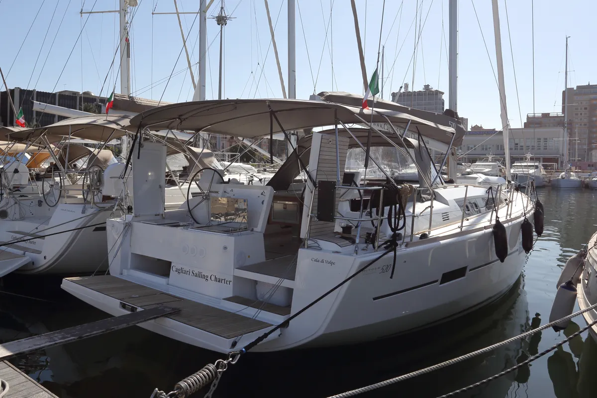 Exterior view of Cala di Volpe, a Dufour 520 Grand Large sailboat at Cagliari, Italy