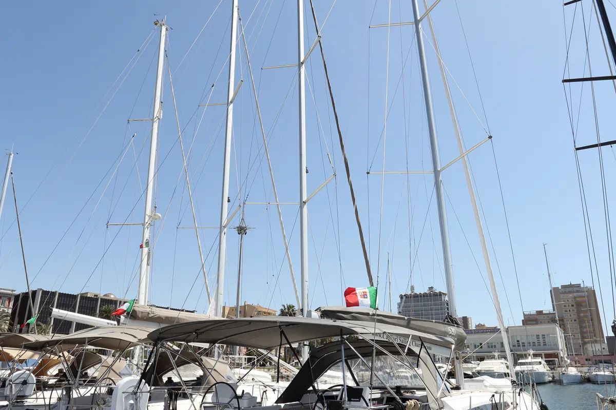 Exterior view of Cala di Volpe, a Dufour 520 Grand Large sailboat at Cagliari, Italy