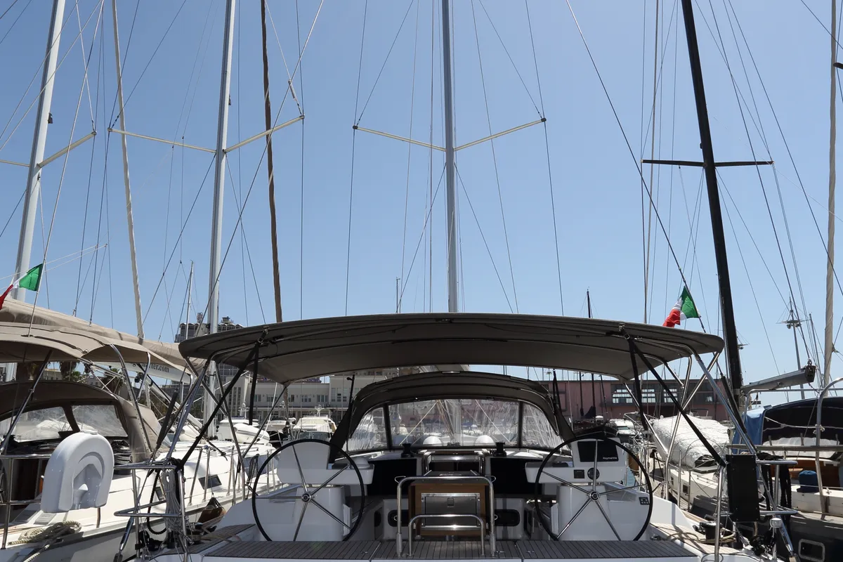 Cockpit of Cala di Volpe, a Dufour 520 Grand Large sailboat at Cagliari, Italy