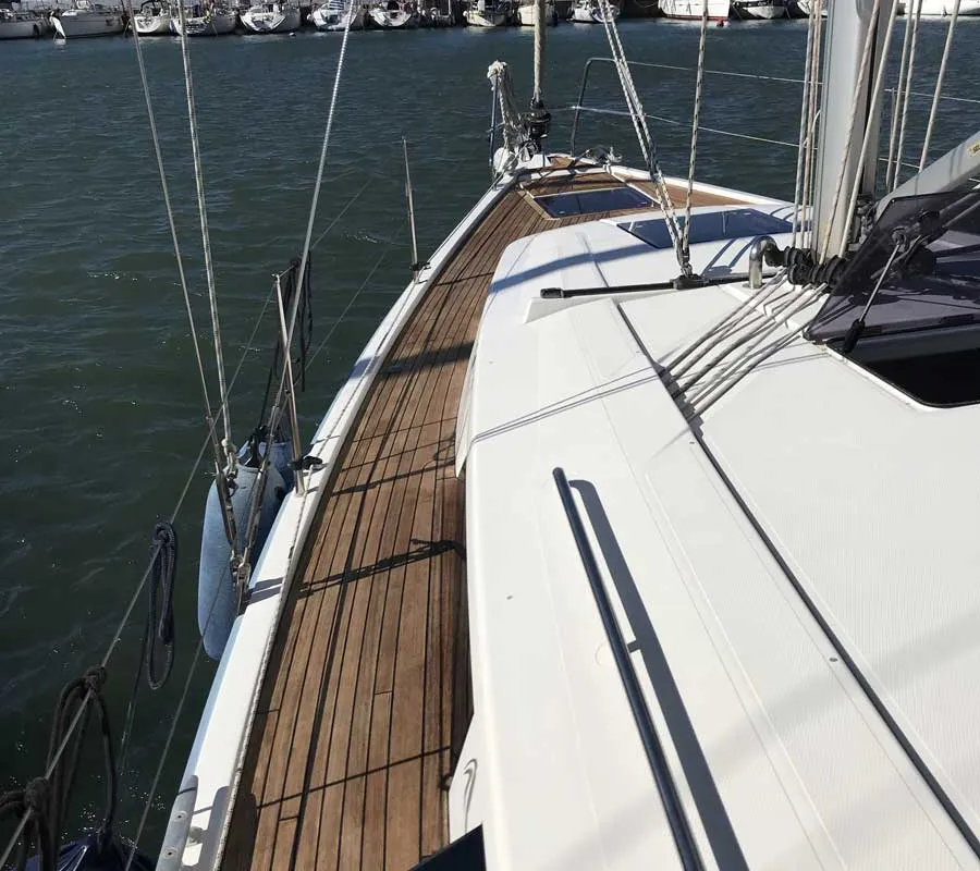Deck of Alkyoni, a Hanse 385 sailboat at Thessaloniki, Greece