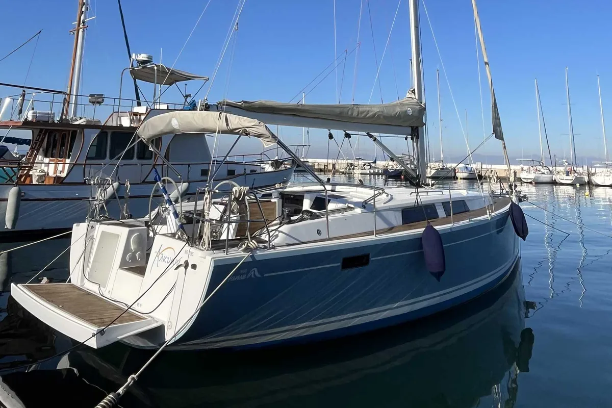 Exterior view of Alkyoni, a Hanse 385 sailboat at Thessaloniki, Greece