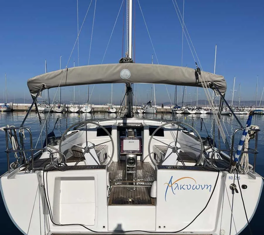 Cockpit of Alkyoni, a Hanse 385 sailboat at Thessaloniki, Greece