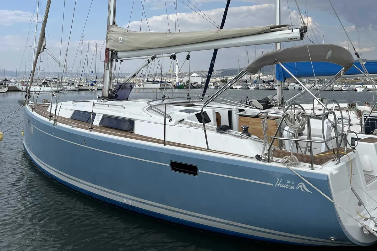 Exterior view of Alkyoni, a Hanse 385 sailboat at Thessaloniki, Greece
