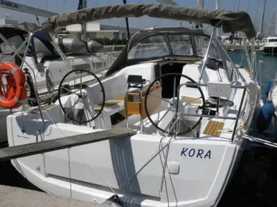 Cockpit of Kora, a Jeanneau Sun Odyssey 349 sailboat at Punat, Croatia