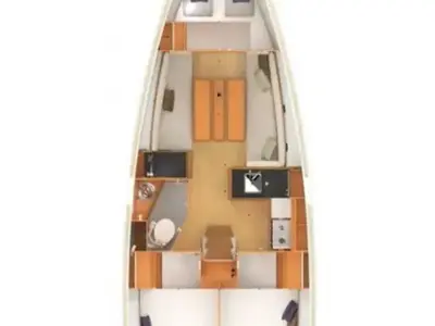 Floor plan of Kora, a Jeanneau Sun Odyssey 349 sailboat at Punat, Croatia