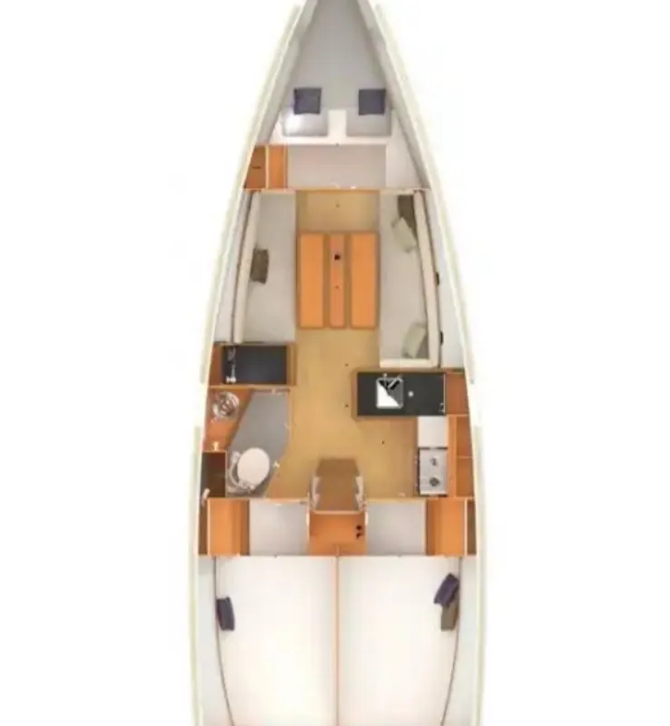 Floor plan of Kora, a Jeanneau Sun Odyssey 349 sailboat at Punat, Croatia
