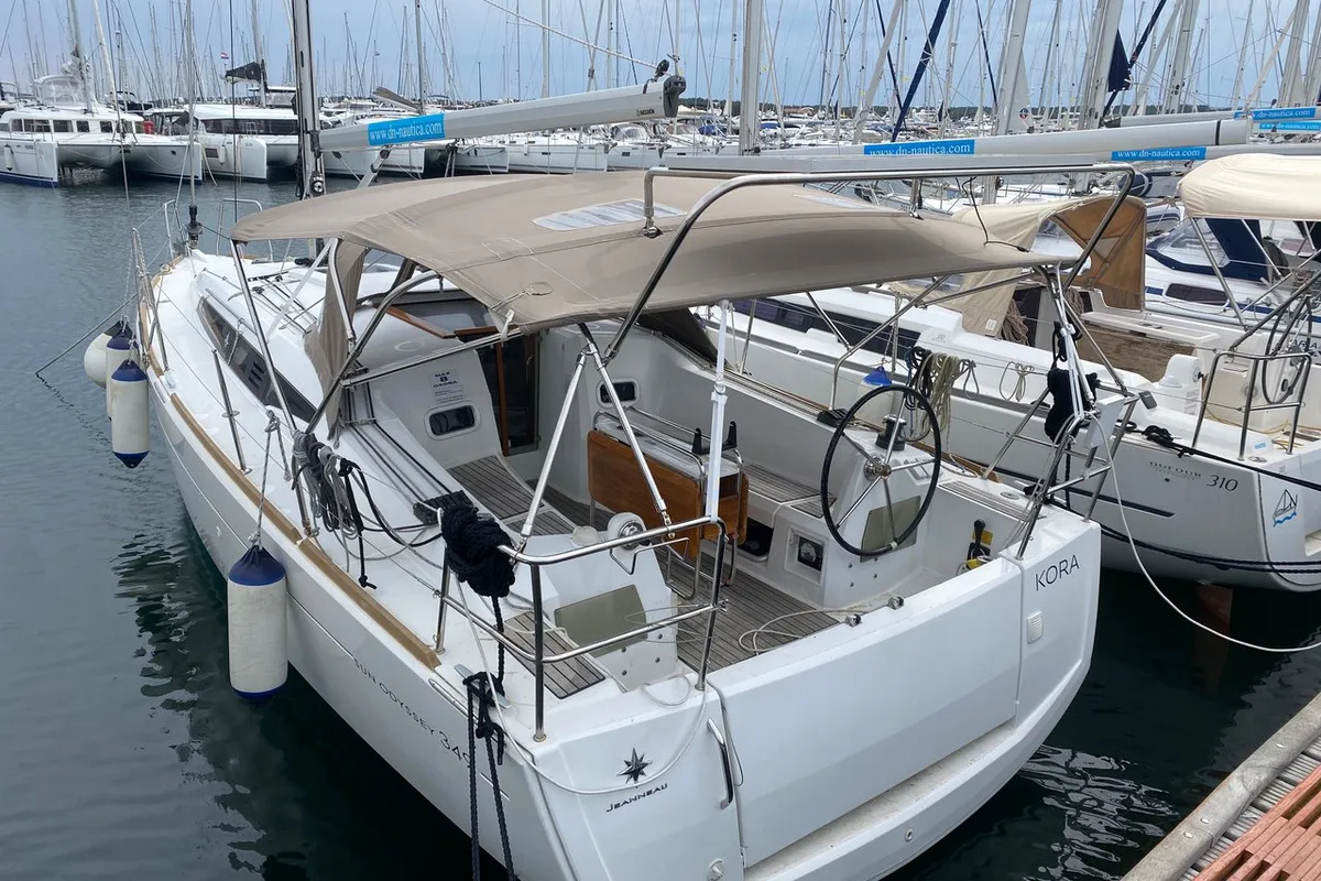 Exterior view of Kora, a Jeanneau Sun Odyssey 349 sailboat at Punat, Croatia