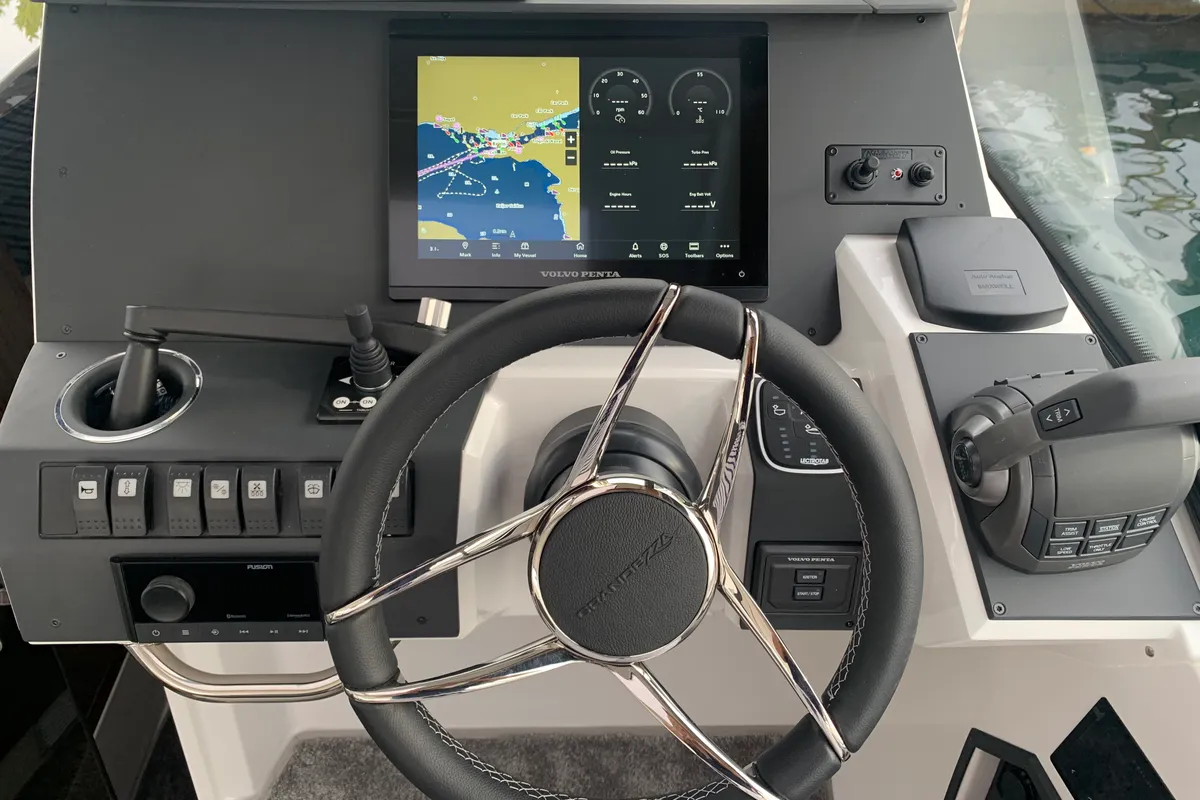 Cockpit of J&LO, a Grandezza 280C motorboat at Grad Trogir, Croatia