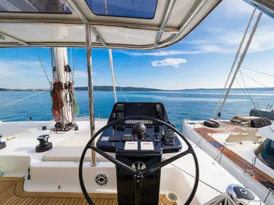 Cockpit of Zara, a Sunreef 50 catamaran at Kaštela, Croatia