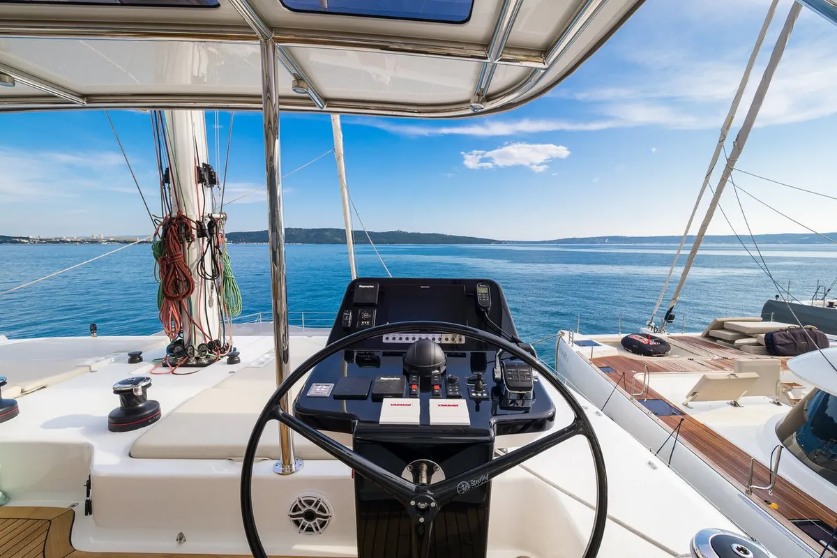 Cockpit of Zara, a Sunreef 50 catamaran at Kaštela, Croatia