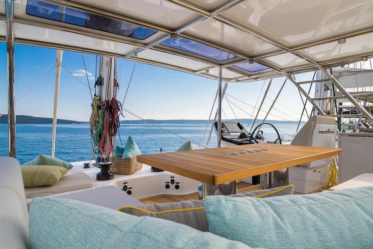Deck of Zara, a Sunreef 50 catamaran at Kaštela, Croatia