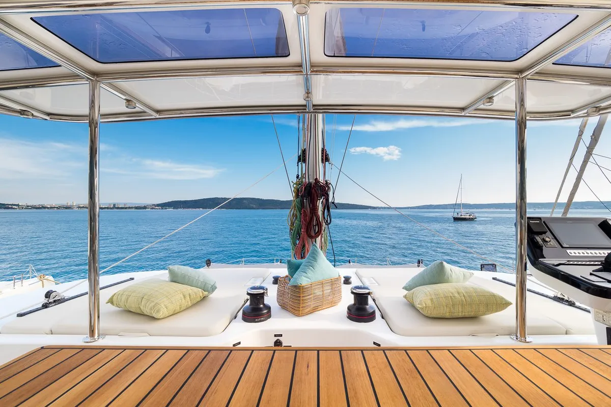 Deck of Zara, a Sunreef 50 catamaran at Kaštela, Croatia