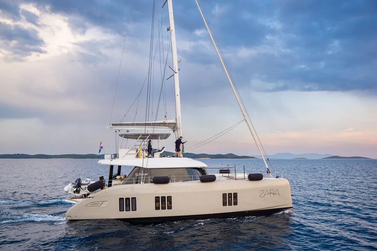 Exterior view of Zara, a Sunreef 50 catamaran at Kaštela, Croatia