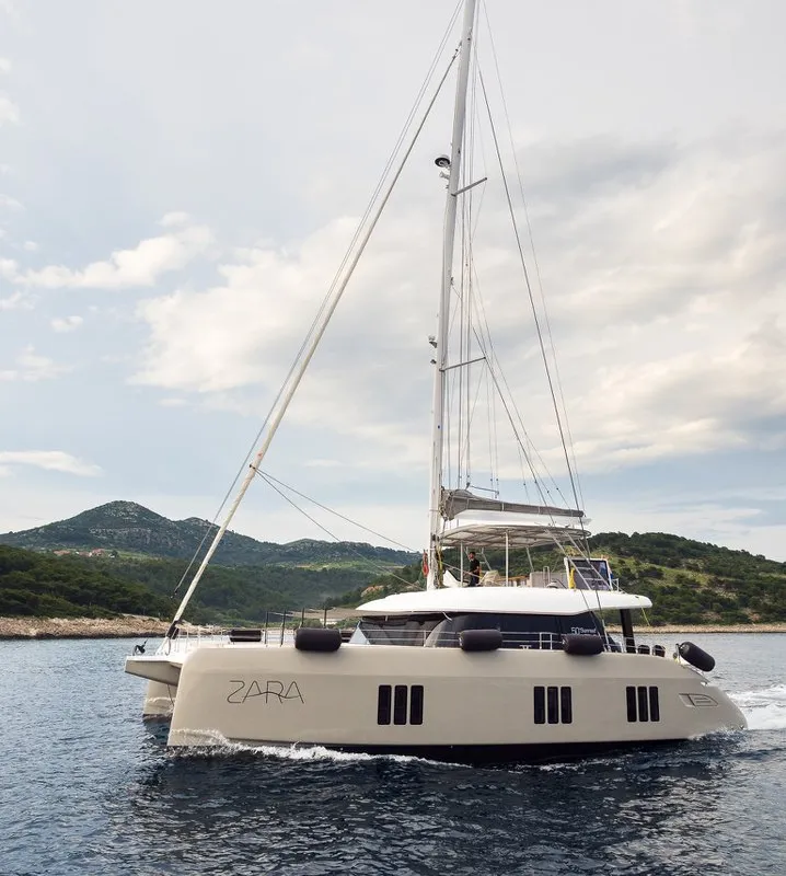 Exterior view of Zara, a Sunreef 50 catamaran at Kaštela, Croatia