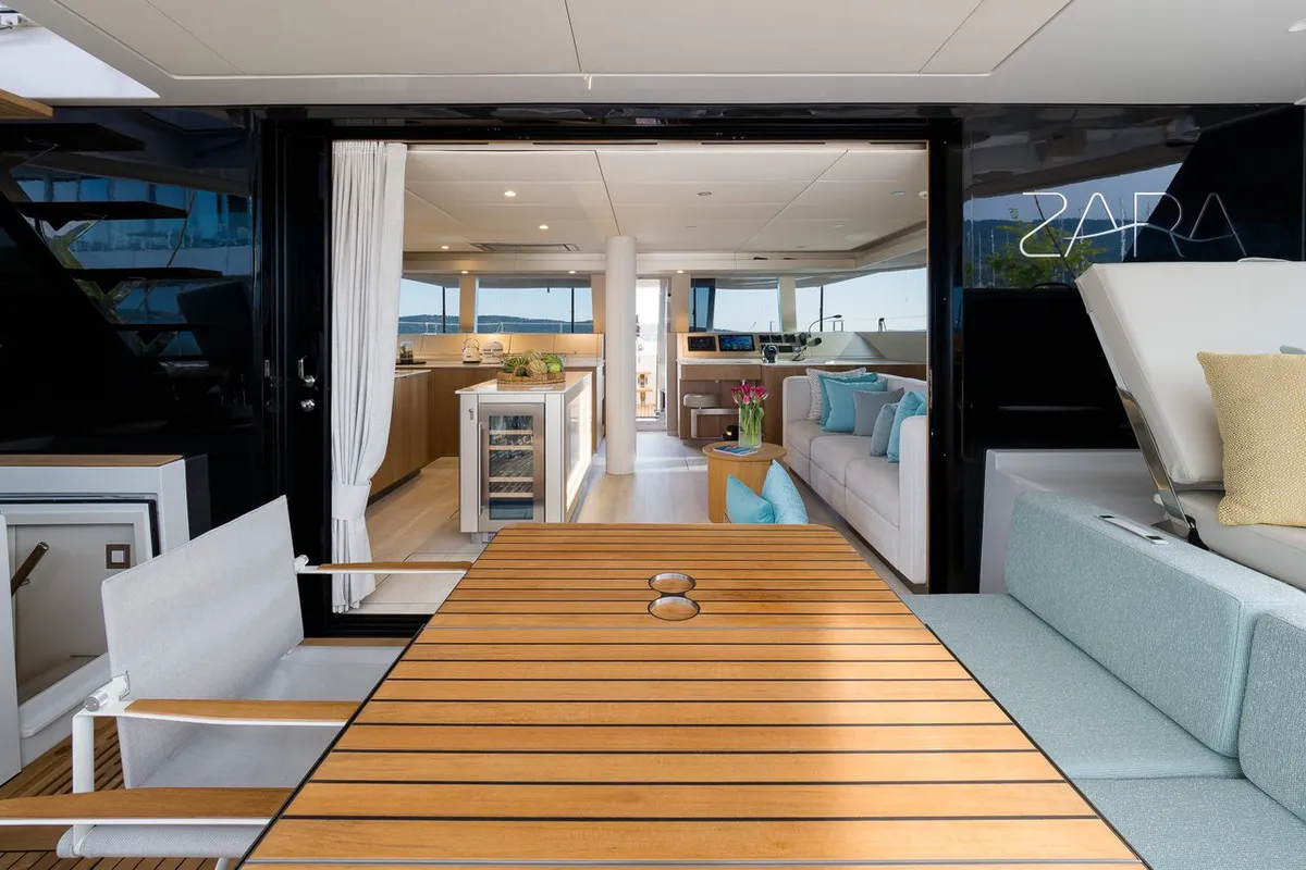 Deck of Zara, a Sunreef 50 catamaran at Kaštela, Croatia