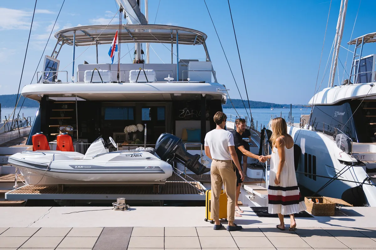 Exterior view of Zara, a Sunreef 50 catamaran at Kaštela, Croatia