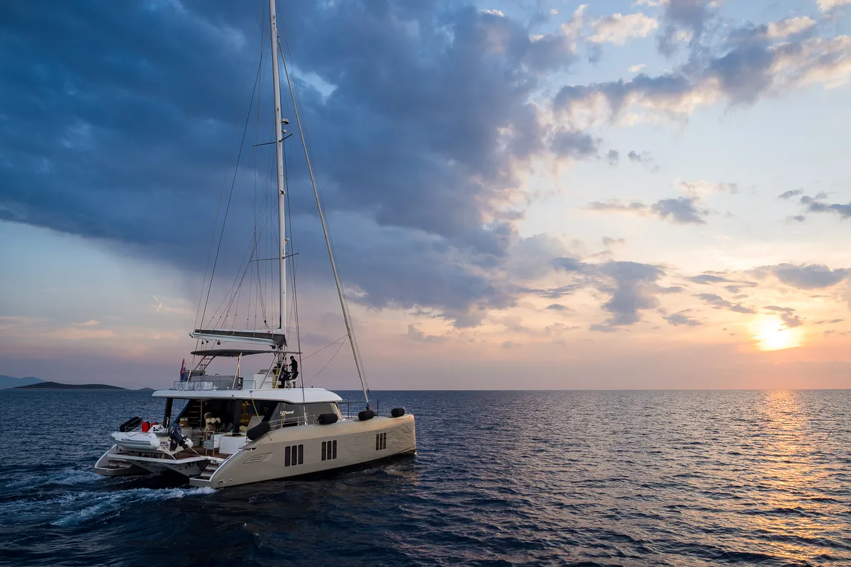 Deck of Zara, a Sunreef 50 catamaran at Kaštela, Croatia