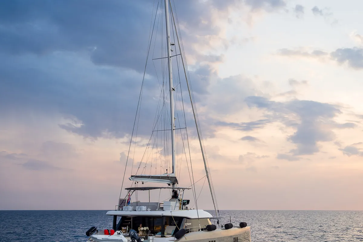 Exterior view of Zara, a Sunreef 50 catamaran at Kaštela, Croatia