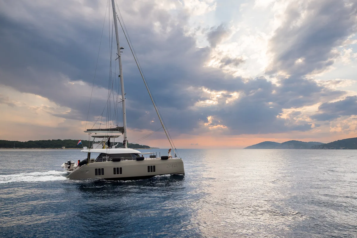 Exterior view of Zara, a Sunreef 50 catamaran at Kaštela, Croatia
