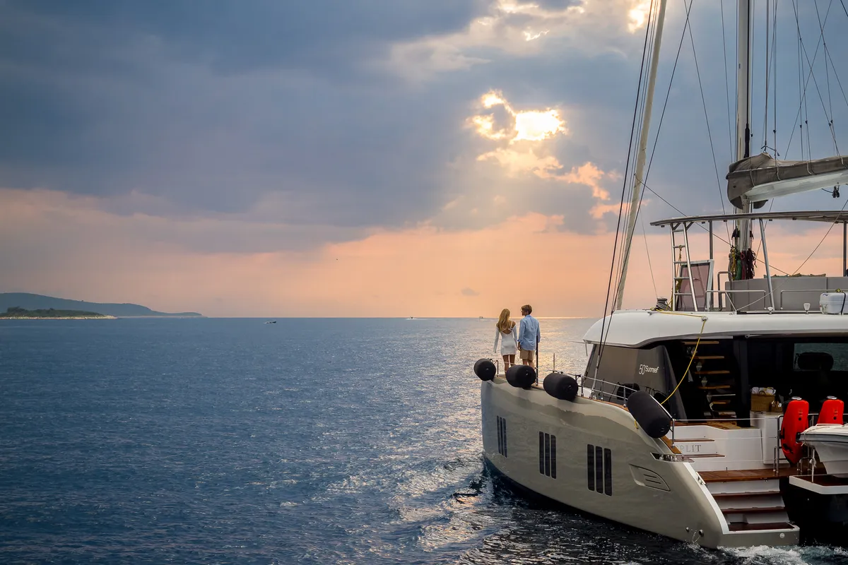 Exterior view of Zara, a Sunreef 50 catamaran at Kaštela, Croatia