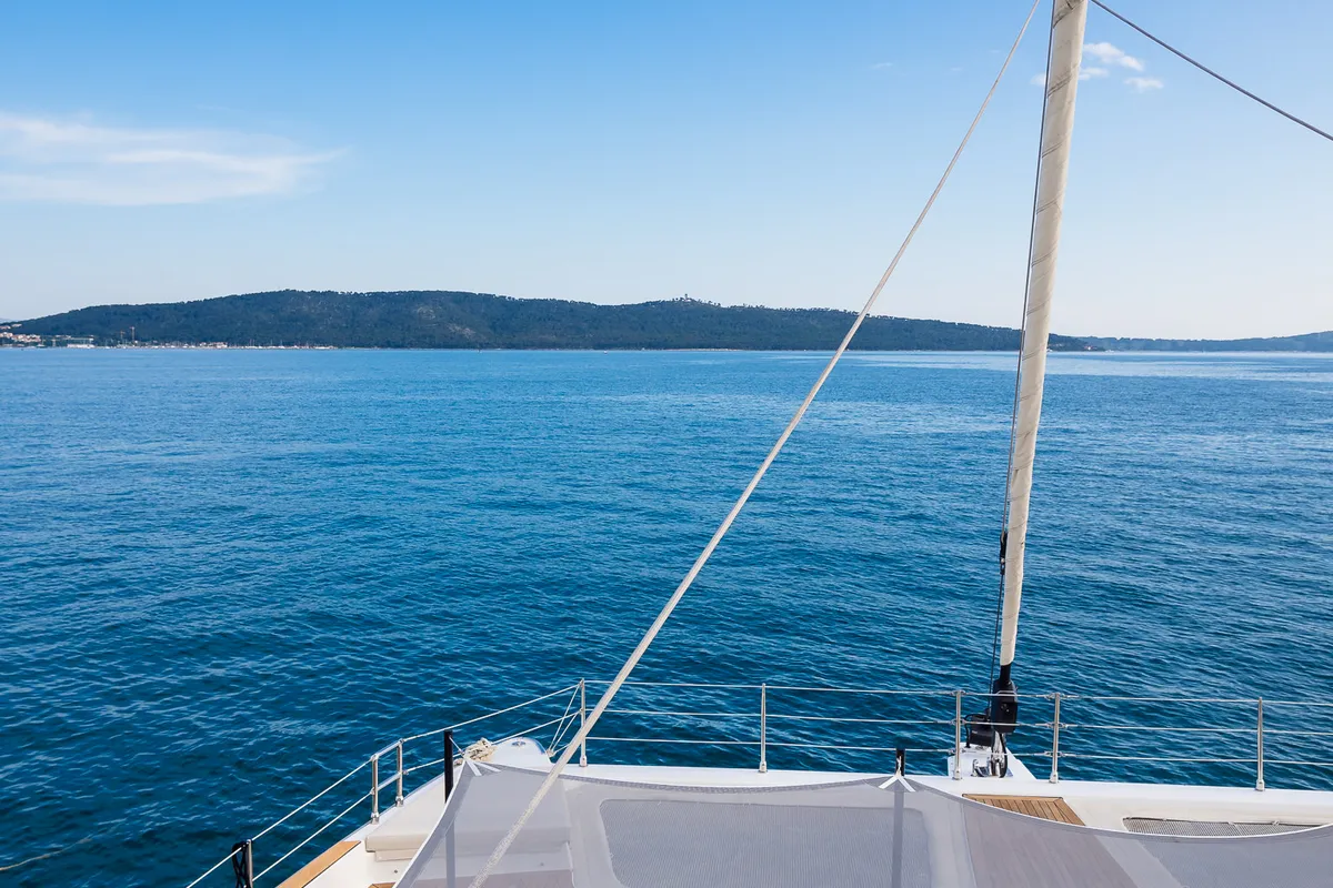 Deck of Zara, a Sunreef 50 catamaran at Kaštela, Croatia