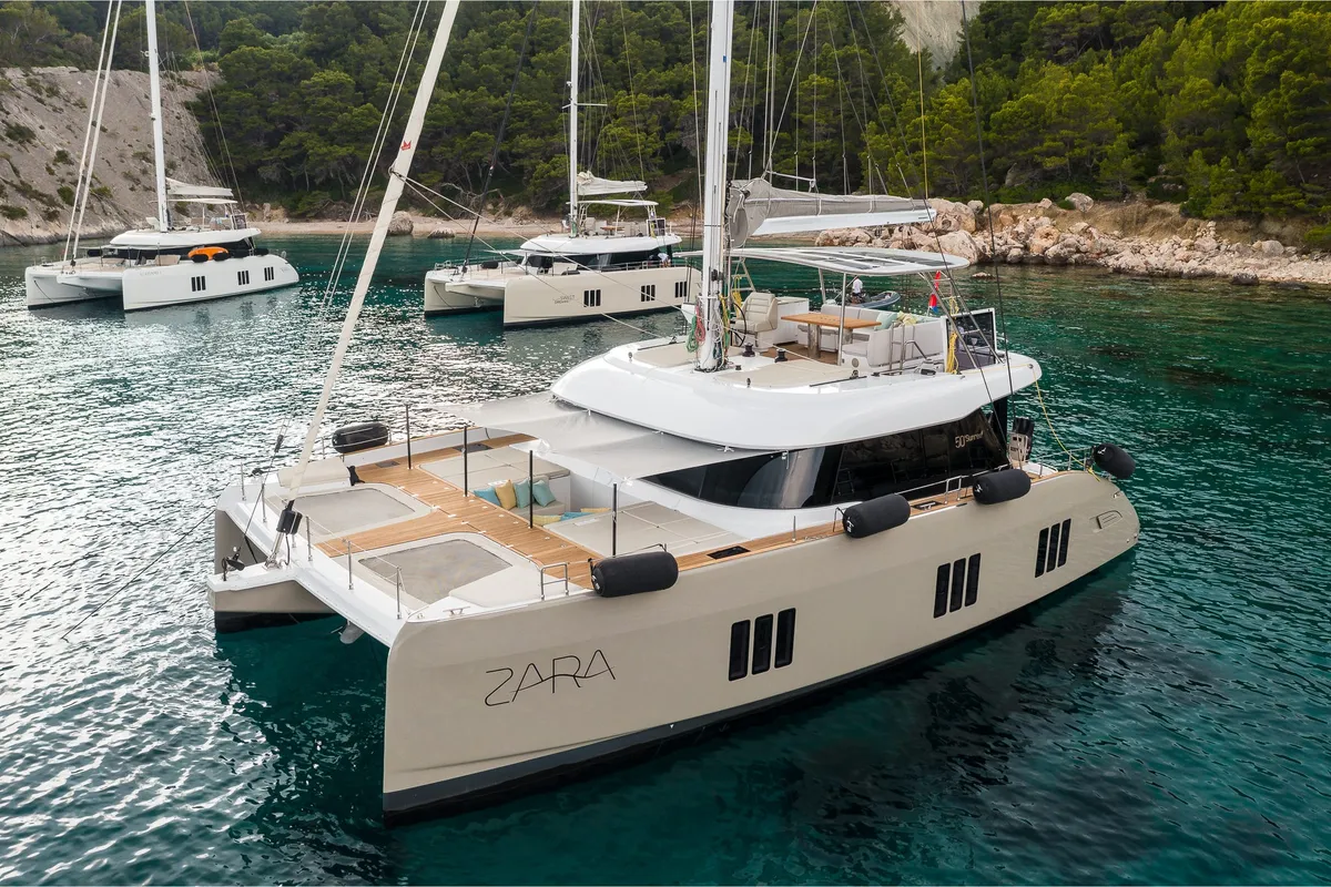 Exterior view of Zara, a Sunreef 50 catamaran at Kaštela, Croatia