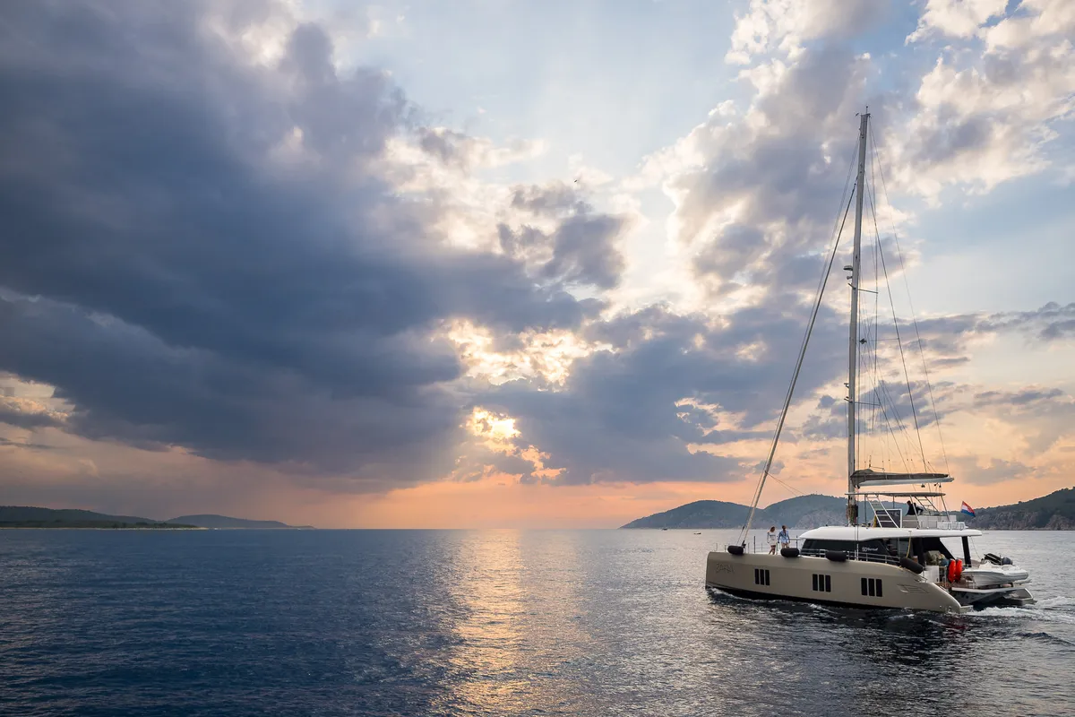 Exterior view of Zara, a Sunreef 50 catamaran at Kaštela, Croatia
